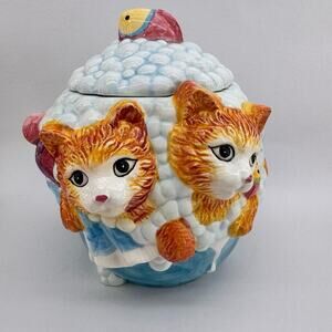 Vintage ANCO Kitten Cat Ceramic Cookie Jar & Lid Bubble Bath With Fish 1970's